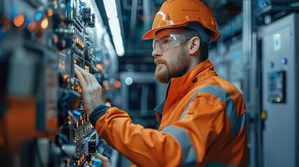 Engineer working with control panel in industrial setting, wearing safety gear, ensuring proper machine functionality and maintenance.