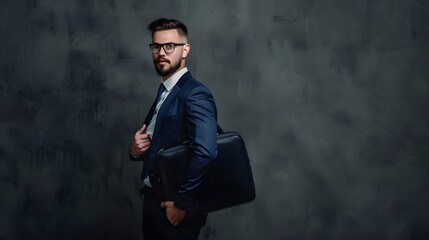 Wall Mural - Young businessman in a navy blue suit with a briefcase, looking poised and confident against a dark textured background.