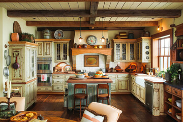 A rustic farmhouse kitchen with exposed wooden beams and vintage decor, evoking a cozy and nostalgic feel.