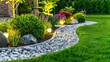 © lililia - a beautifully lit outdoor garden with landscape lighting highlighting the pathways and plants.