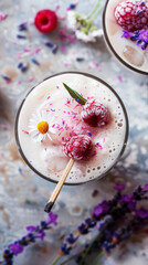 Wall Mural - Top view of iced vanilla milkshake with vanilla, raspberry and lavender. Healthy diet. Aesthetic concept. Generative AI