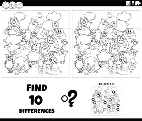 Wall Mural - differences activity with cartoon pigs group coloring page