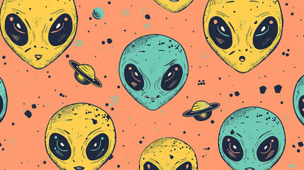 cute cartoon illustrations, seamless repeating patten, alien faces