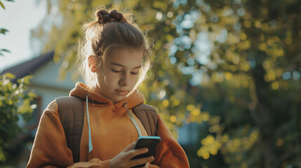 Wall Mural - Girl standing outdoors, scrolling on smartphone. Using social media