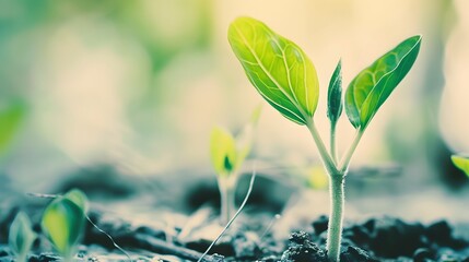 Wall Mural - Close-up of a green seedling sprouting from dark, fertile soil, symbolizing new growth, hope, and the cycle of life in nature.