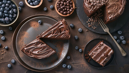 Wall Mural - photoshoot for advertising of a slice of chocolate ganache cake