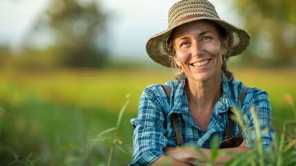 Wall Mural - Portrait of a happy mature farmer female in her field showing love of the woman for her work and rural way of life