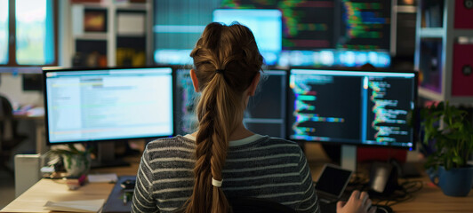 Young female programmer working on multiple computer screens in a modern office environment, showcasing coding, software development, and technology innovation, ideal for tech industry visuals.