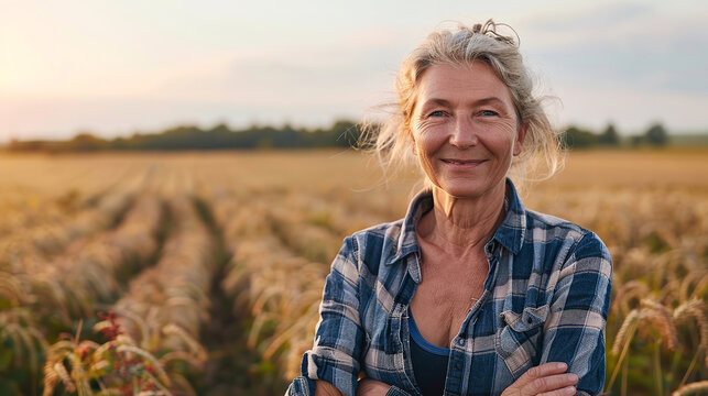 Portrait of a happy mature farmer female in her field showing love of the woman for her work and rural way of life