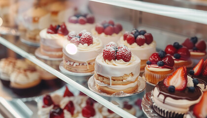 Wall Mural - Showcase with different tasty desserts in bakery shop