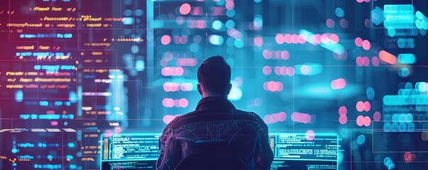 A programmer working at a computer with holographic interface displays, showcasing data and coding in a futuristic and vibrant environment.