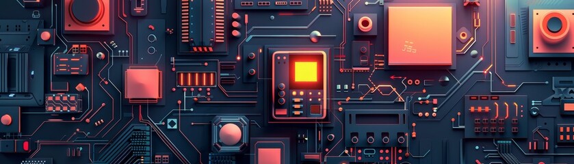 Wall Mural - Close-up of a colorful, illuminated circuit board with various electronic components. High-tech background, futuristic technology.