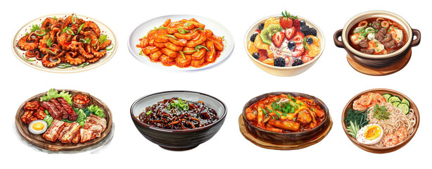 Wall Mural - Digital paint of traditional Korean food png element set on transparent background