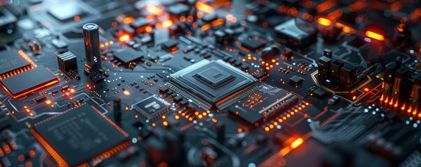 Wall Mural - Close-up of a glowing computer motherboard, showcasing intricate circuits and components, ideal for technology and hardware concepts.