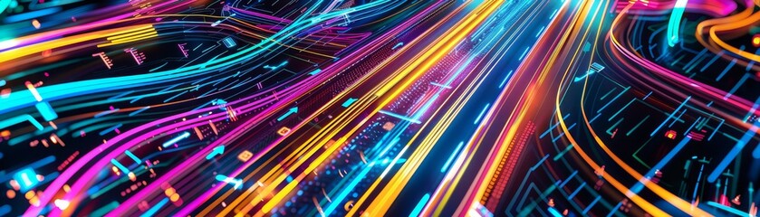 Wall Mural - Colorful abstract light trails representing high-speed data transfer and modern technology. Vibrant and dynamic visual of futuristic digital concept.