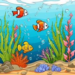 Create a fun and colorful coral reef scene with cute fish using simple line drawings for easy coloring. Let your creativity swim wild