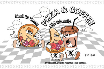 Wall Mural - pizza fast delivery poster design.fast food groovy character pizza and coffee in retro rubber hose style,  vector illustration