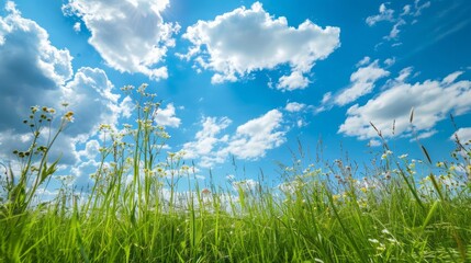 vibrant green meadow filled with blooming wildflowers and tall grasses sways gently in the breeze un