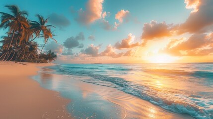 Vibrant sunrise casts warm light over tranquil tropical beach with swaying palm trees and calm turquoise waters in the dominican republic's serene coastal landscape.