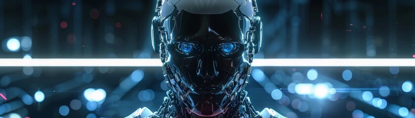 Wall Mural - Futuristic robot with glowing blue eyes in a high-tech environment, showcasing advanced technology and artificial intelligence.