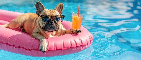 Funny animal summer holiday vacation travel photography banner background - French bulldog dog with sunglasses and cocktail, lying on air mattress, relaxing chilling in the swimming pool water