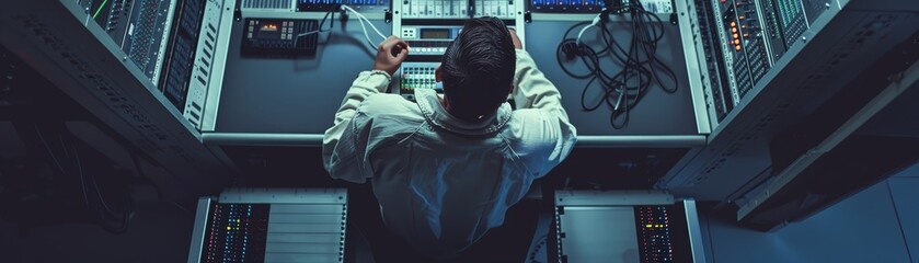 IT professional working on servers in a data center. Overhead view of a person configuring hardware and network equipment in a secure facility.