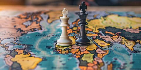 Strategic chess pieces on a world map symbolizing global strategy and competition with a focus on international dynamics
