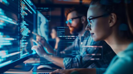 Team of software developers collaborating on code project. Focused professionals analyzing and testing software in a modern office environment.