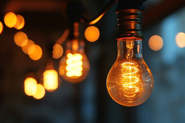 Wall Mural - Close-up photo of light bulb in the dark. Background blurred