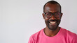 © King - African american man wearing a pink shirt, smiling at the camera during a video call at home isolated on white background, hyperrealism, png