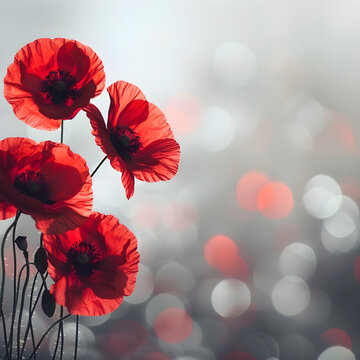Remembrance Day background with copy space, red poppy flowers on bokeh background, suitable for social media posts, posters, and marketing materials.