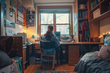 Wall Mural - A woman sits at a desk facing a window with natural light and possibly a scenic view