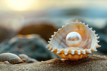 Wall Mural - pearl in a shell, seashore in the background