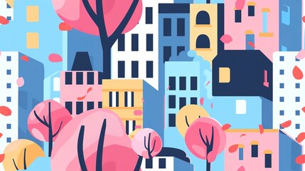 Wall Mural - Urban blossoms flat design side view urban theme animation Complementary Color Scheme. Seamless Pattern, Fabric Pattern.