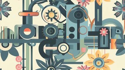 Poster - Machine-age blooms flat design side view machine-age theme cartoon drawing Tetradic color scheme . Seamless Pattern, Fabric Pattern.