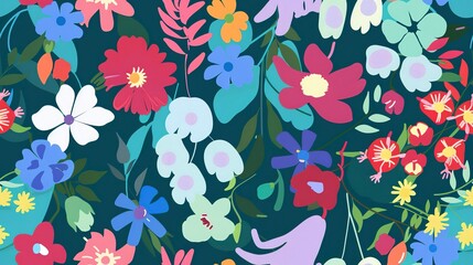 Wall Mural - Mixed blooms flat design front view artistic theme animation vivid. Seamless Pattern, Fabric Pattern.