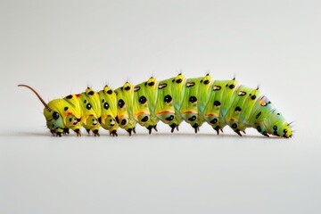 A close-up view of a small green caterpillar with distinct black eyes, on a natural background