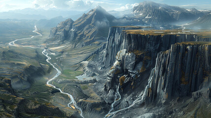 Wall Mural - fault-block mountains with steep, rugged cliffs and a winding river