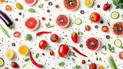 Wall Mural - fresh fruits and vegetables on a white background, food background, copy space, place for text
