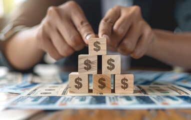 Wall Mural - Businessman stacks wooden cubes with dollar sign. Business development and profit growth concept