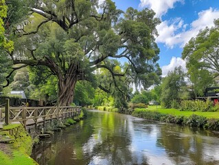 Sticker - AI generated illustration of A flowing river through verdant hillside with lush trees