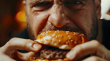 Poster - close-up of a man eating a burger. Selective focus