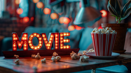 A creatively decorated table displays a bowl of popcorn next to a sign that says movie, setting the scene for a fun movie night at home