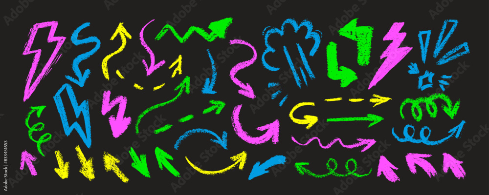 Group of chalked arrows and frames. Hand drawn black charcoal symbols ...