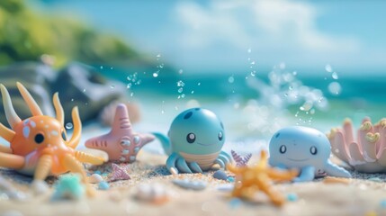 Wall Mural - Cute beach scene with cartoon sea creatures, Fujifilm XT3, soft focus, 55mm lens, f29, Cinematic 32k, nice background stock photo style.