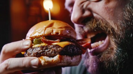 close-up of a man eating a burger. Selective focus