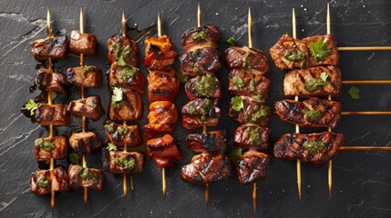 Wall Mural - Grilled meat on skewers on a wooden table, close-up