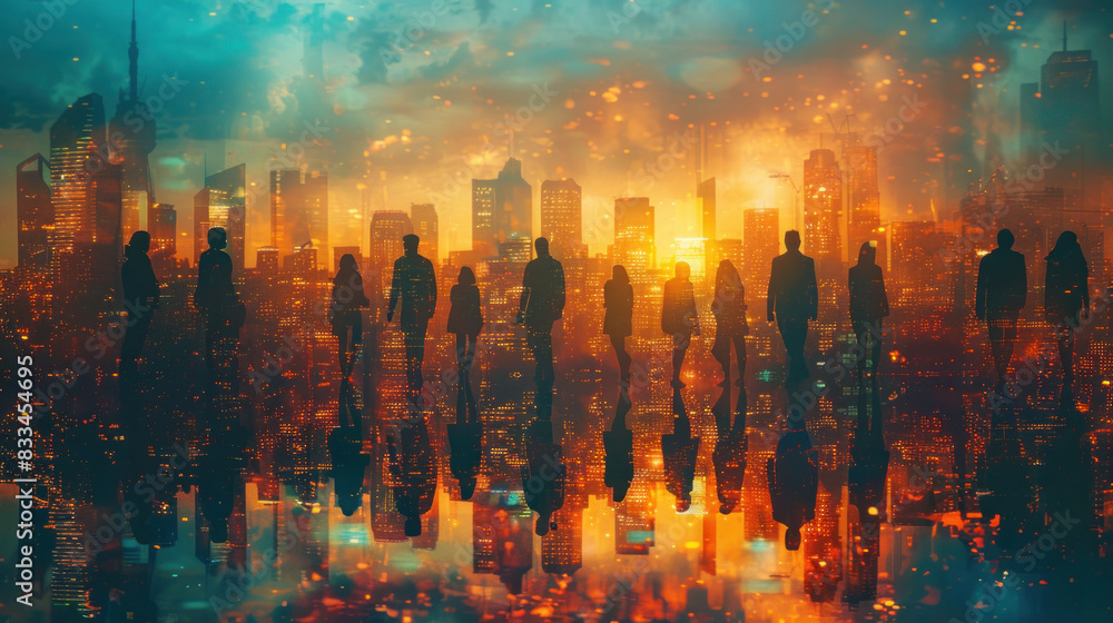 Abstract of business professionals in a group, city skyline behind ...