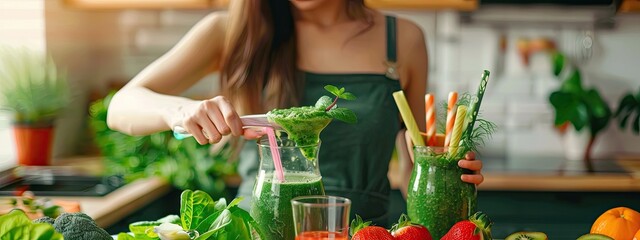 Wall Mural - the girl makes a vegetable smoothie. Selective focus