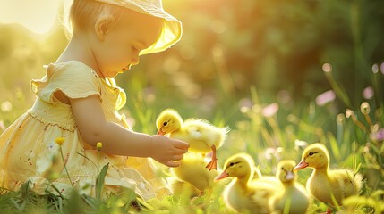 Wall Mural - a small child plays with ducklings. Selective focus